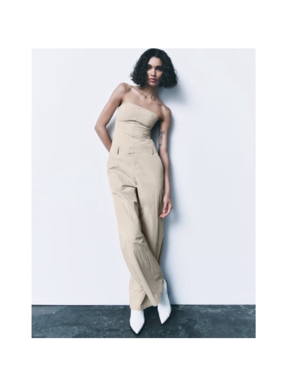 Zara Strapless Wide-Leg Jumpsuit in Beige